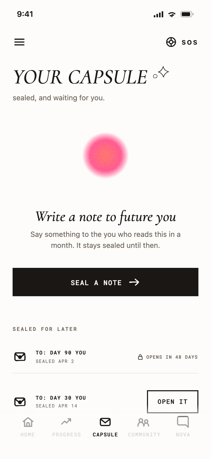 Capsule screen where you write a note to future you