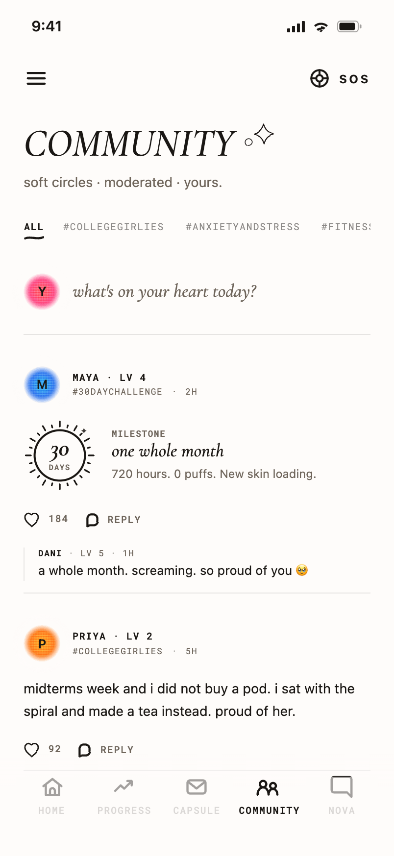 Community feed with milestone and check-in posts from the circle