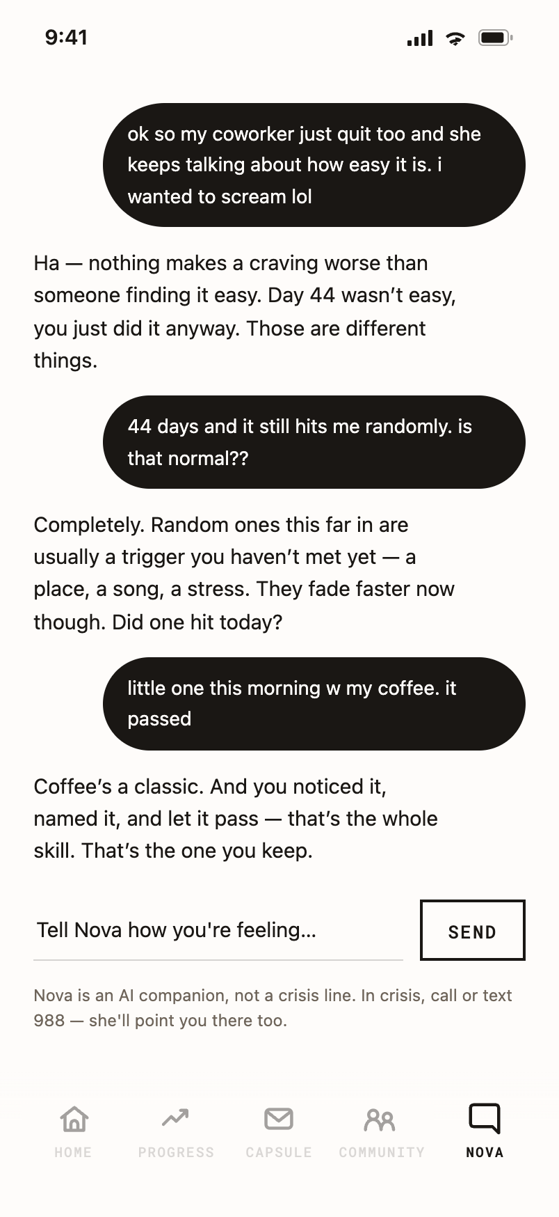 Nova chat, a day-44 conversation about a random craving