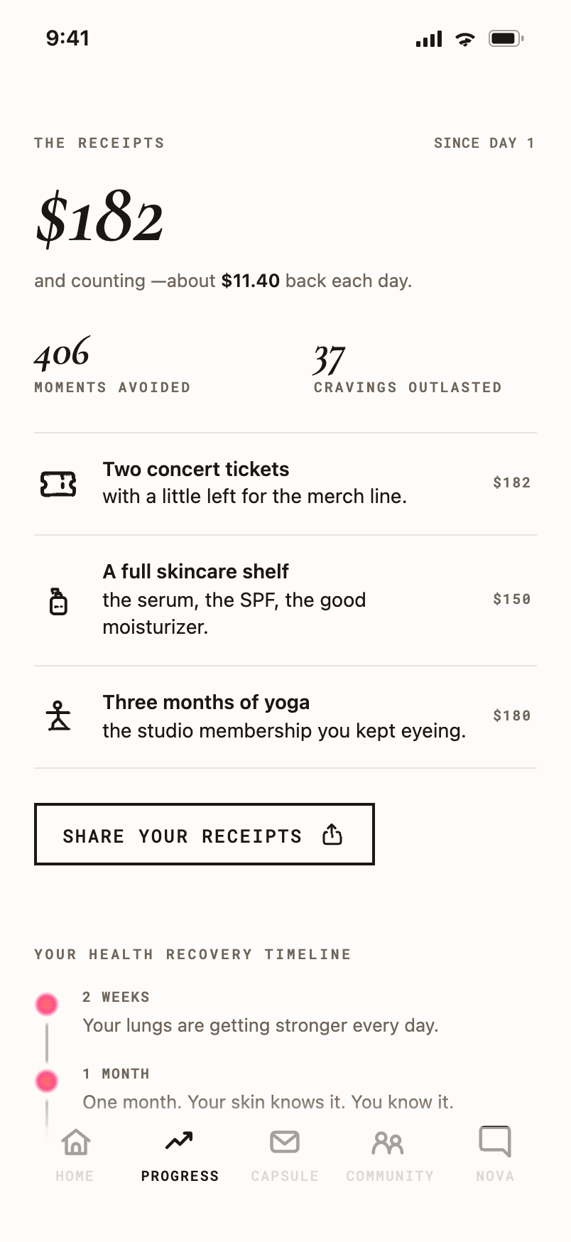 Progress screen showing money saved, puffs skipped and streak stats